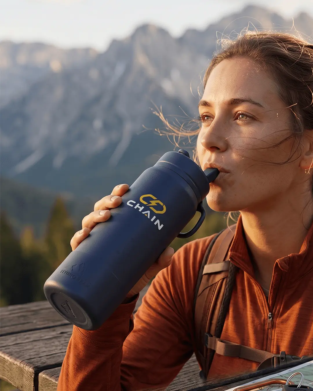 Custom stainless steel water bottles in several colors lined up with the logo engraved on each
