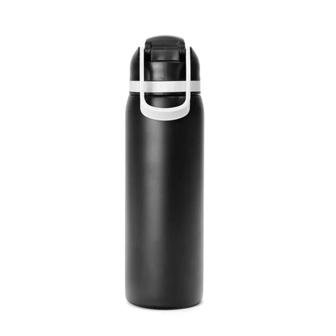 Custom water bottles with straw in Black (back view)