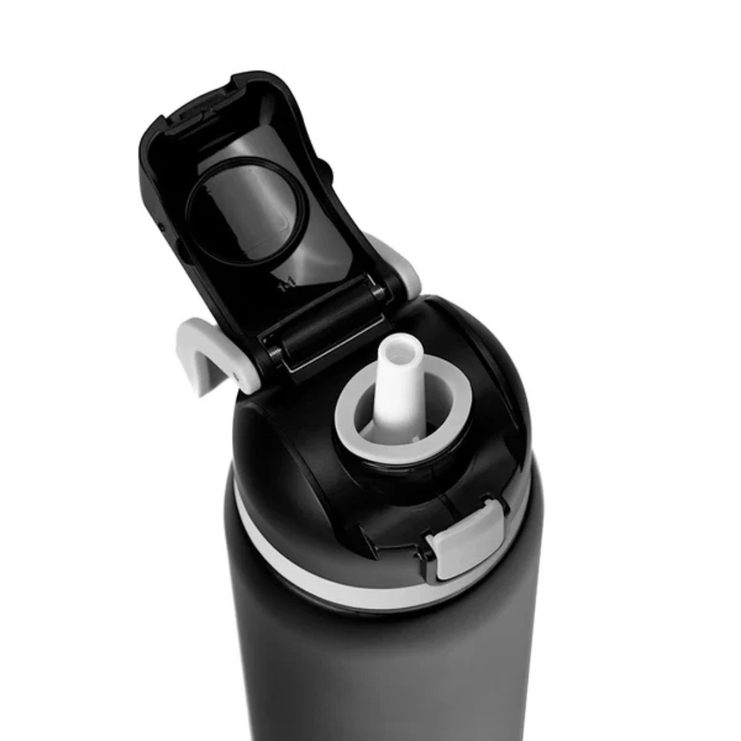 Custom water bottles with straw in Black (lid open)
