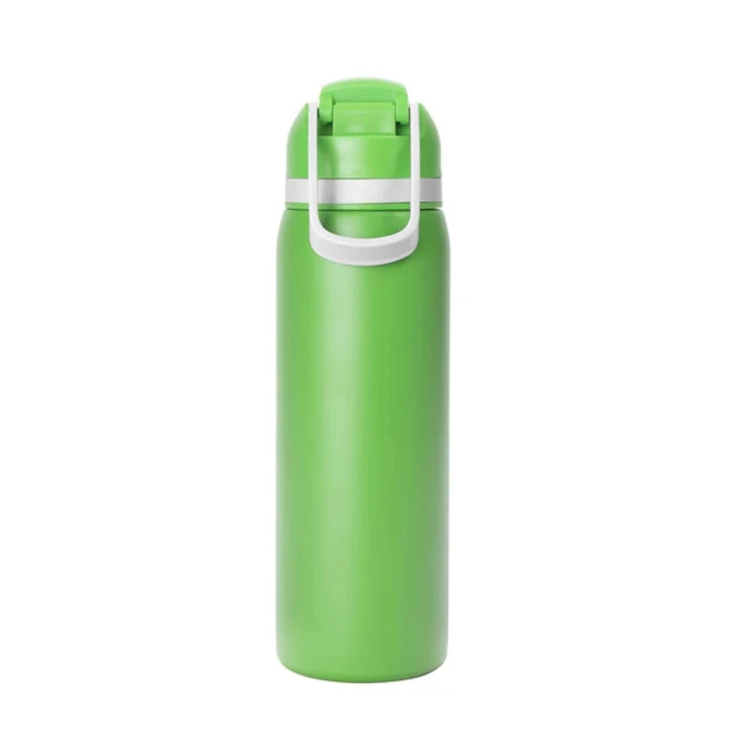 Custom water bottles with straw in Lime Green (back view)