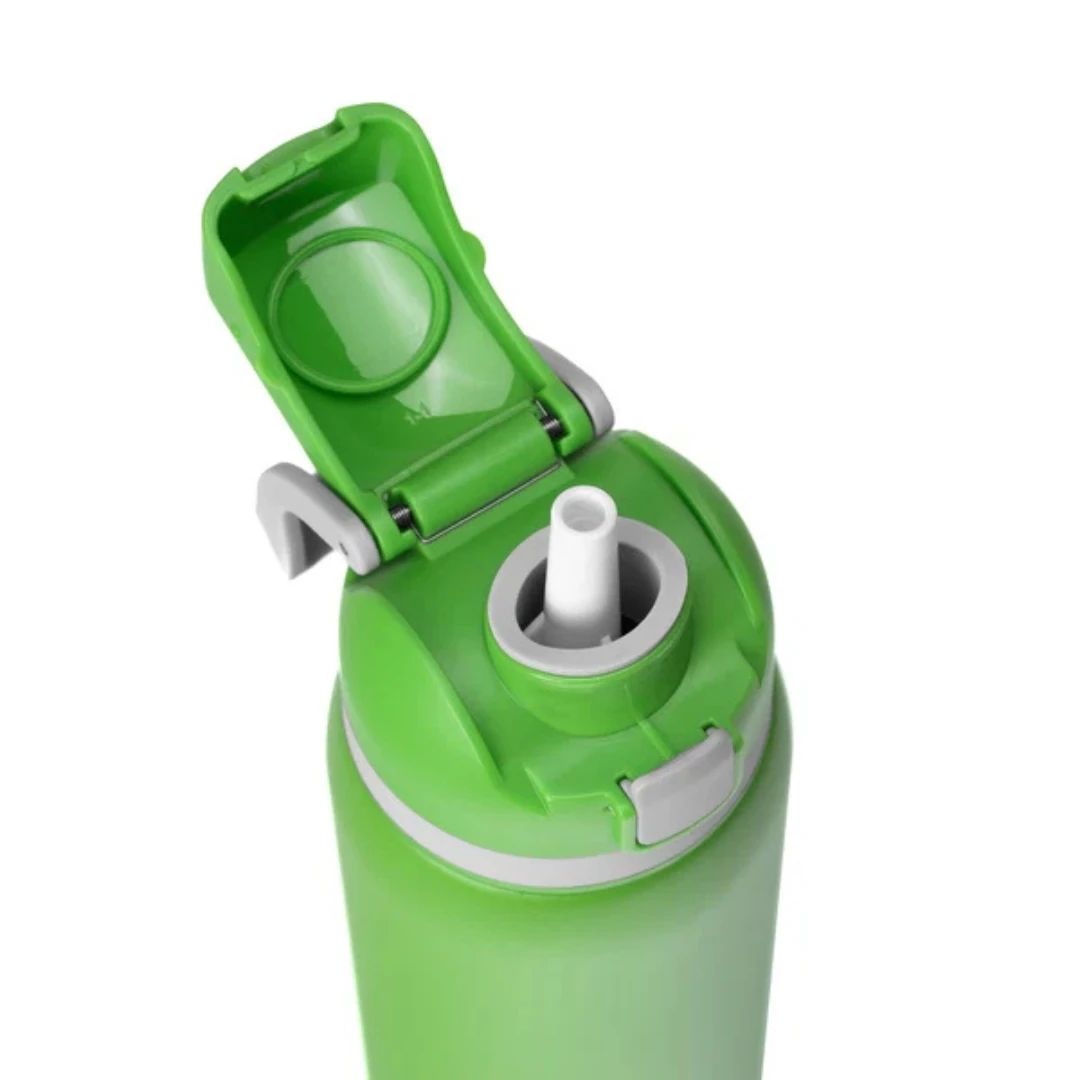 Custom water bottles with straw in Lime Green (lid open)