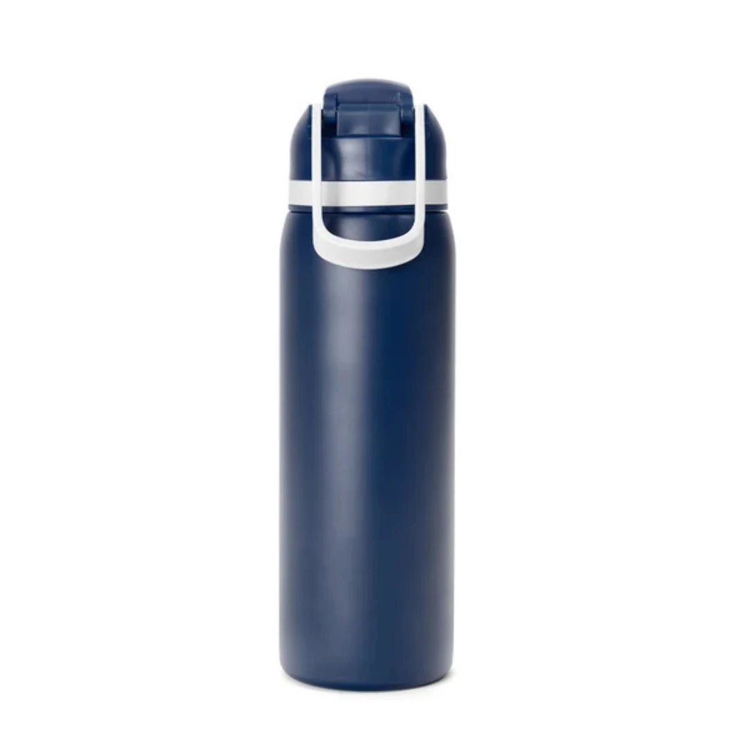 Custom water bottles with straw in Navy Blue (back view)