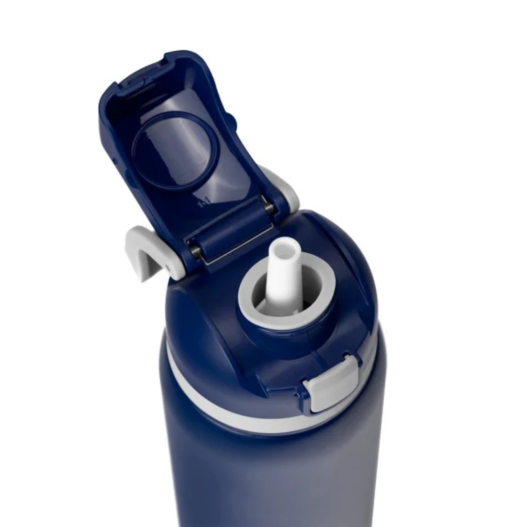 Custom water bottles with straw in Navy Blue (lid open)