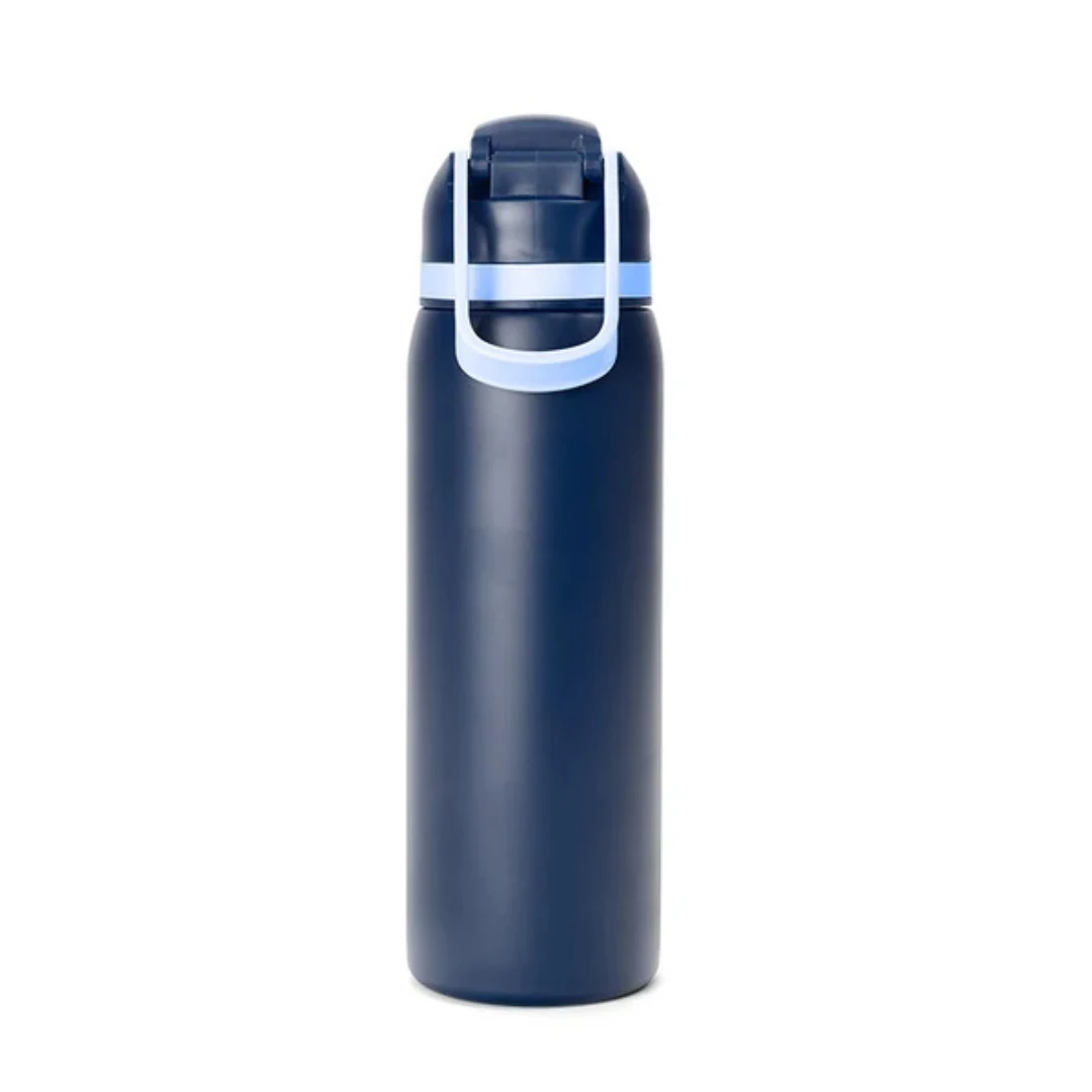 Custom water bottles with straw in Navy Blue / Light Blue Trim (back view)