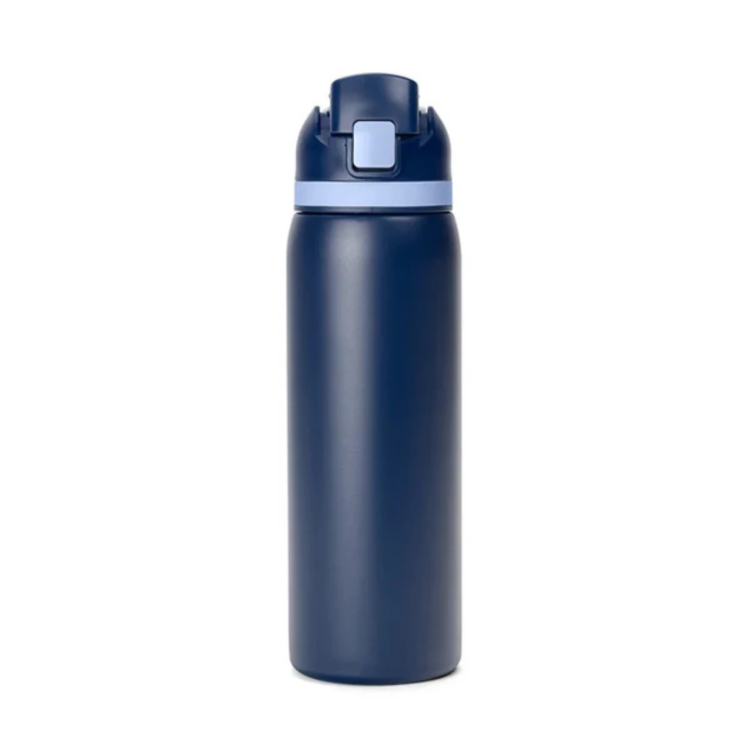Custom water bottles with straw in Navy Blue / Light Blue Trim