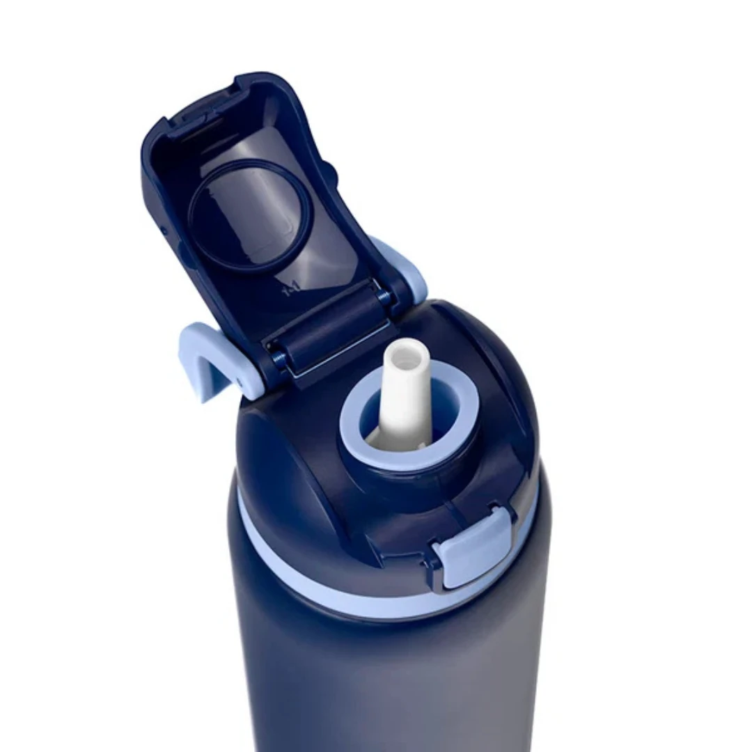 Custom water bottles with straw in Navy Blue / Light Blue Trim (lid open)