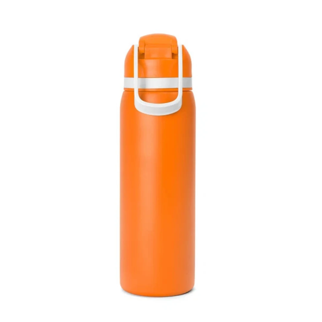 Custom water bottles with straw in Orange (back view)