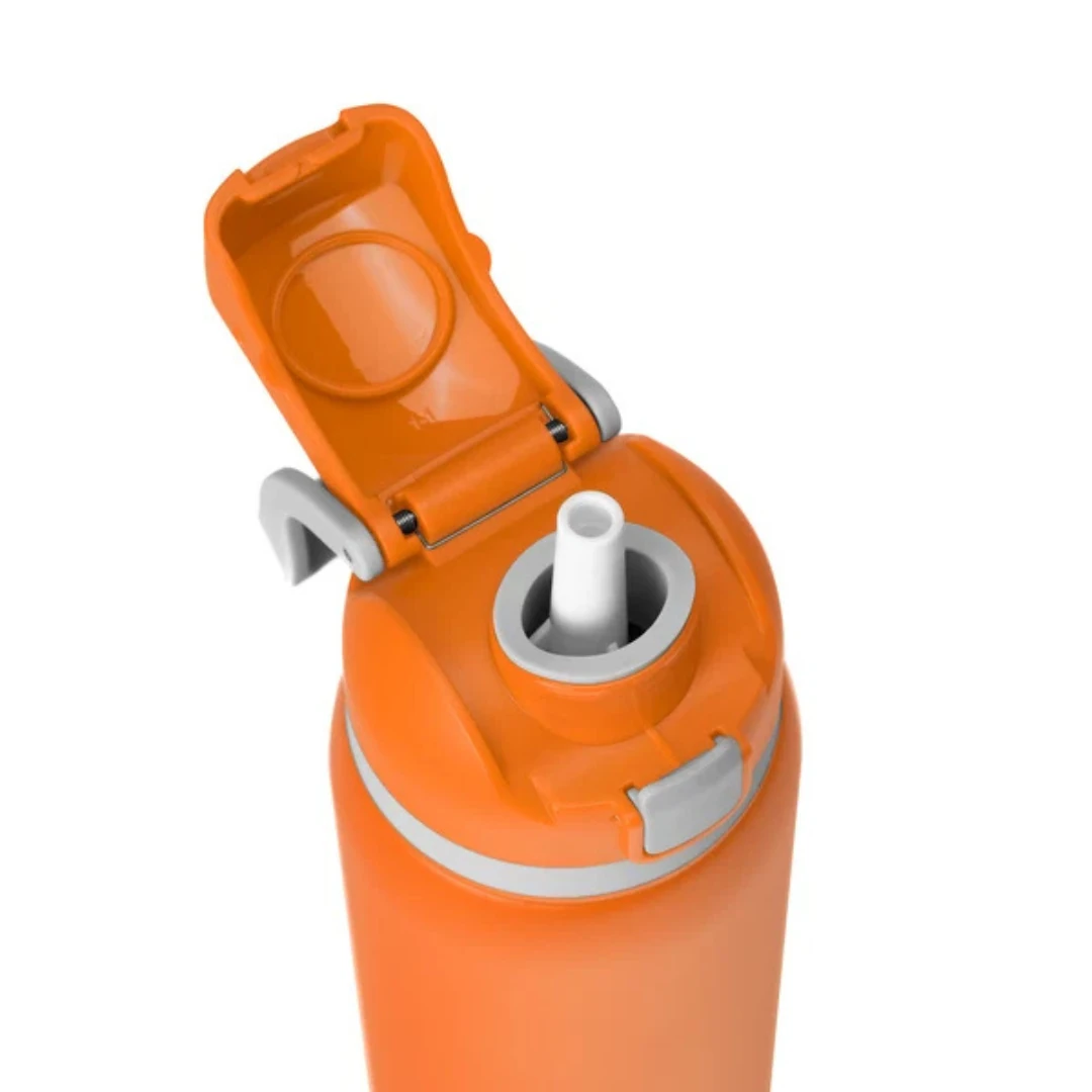 Custom water bottles with straw in Orange (lid open)