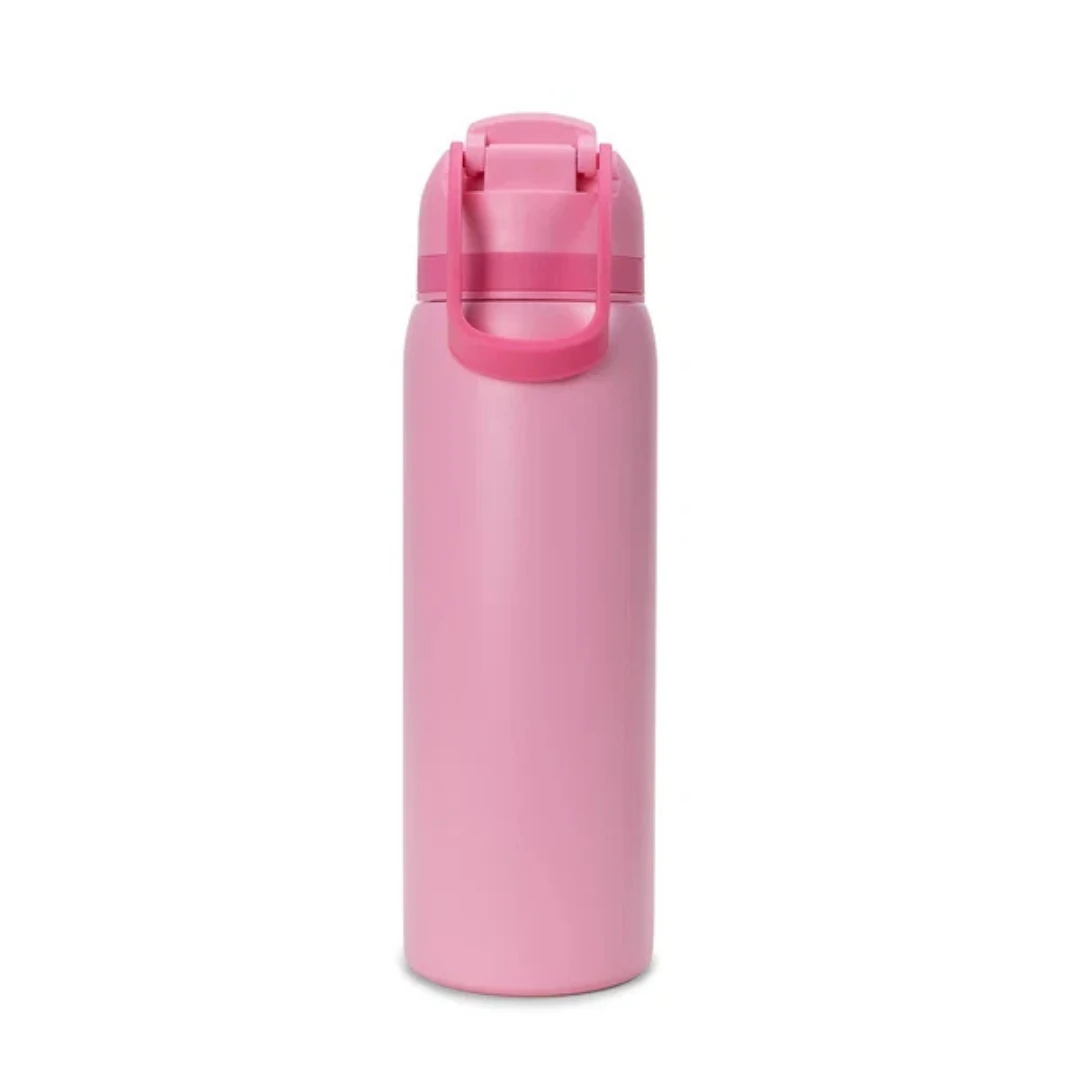 Custom water bottles with straw in Pink (back view)