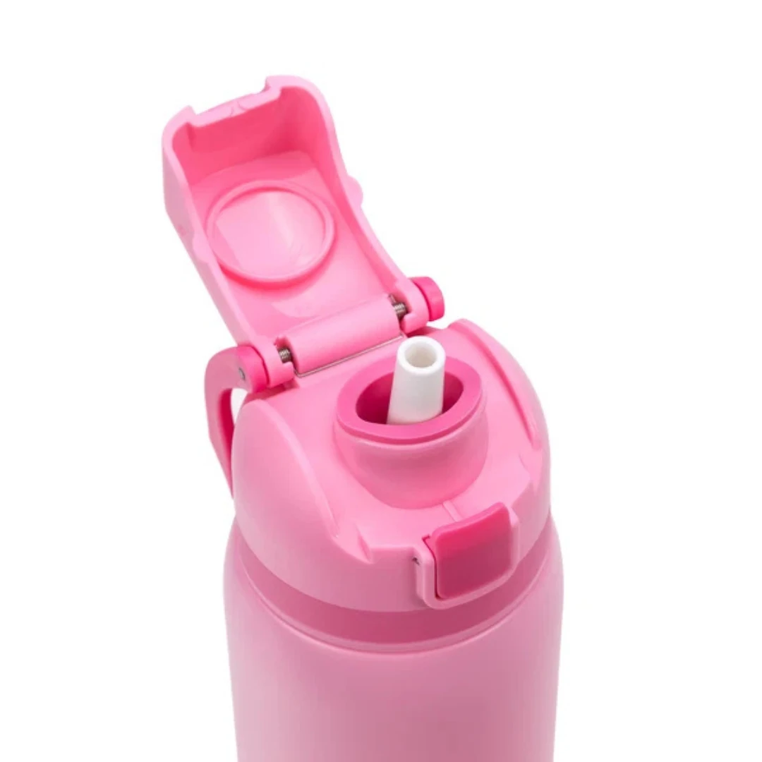Custom water bottles with straw in Pink (lid open)