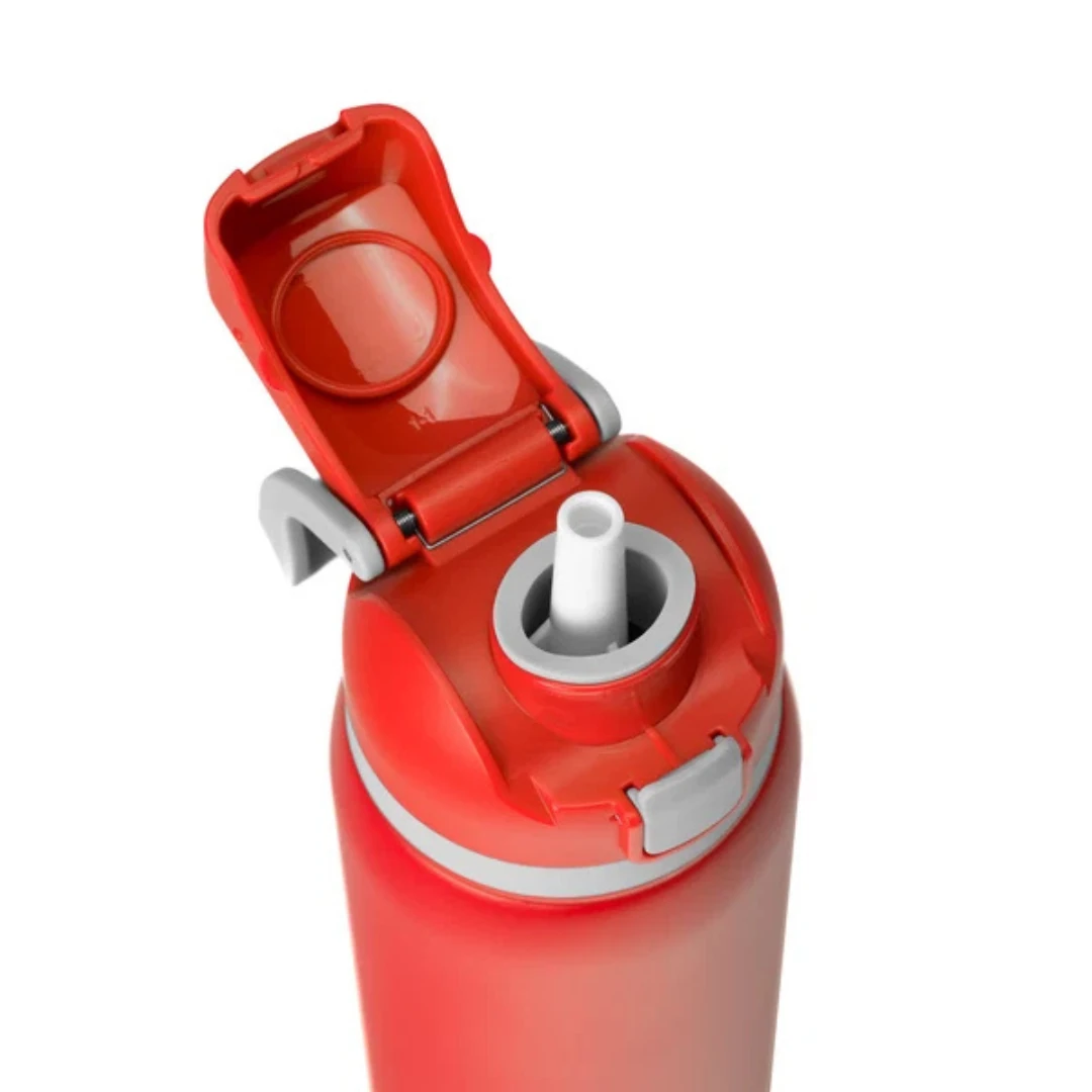 Custom water bottles with straw in Red (lid open)
